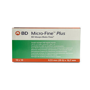Шприц 1 мл інсуліновий з інтегрованою (нез'ємною) голкою U-100 BD Mikro-Fine Plus (Мікро Файн Плюс) розмір G29 (0,33 x 12,7 мм) 1 шт