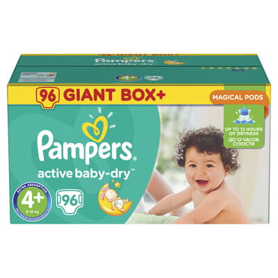 Подгузники для детей PAMPERS Active Baby (Памперс Актив Бэби) Maxi Plus (Макси Плюс) 4 плюс от 9 до 16 кг упаковка 96 шт