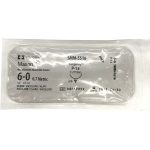 Шовний матеріал синтетичний що розсмоктується Maxon (Максон) 6-0 з зворотньо-ріжучою голкою 13 мм 3/8 преміум довжина 45см не забарвлена SMM-5516