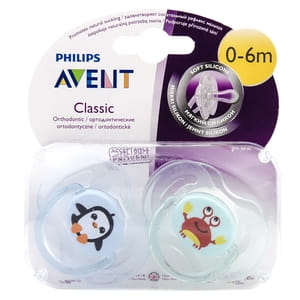 Пустышка силиконовая ортодонтическая AVENT (Авент) SCF 169/35 Classic (классик) Краб и пингвин для мальчика от 0 до 6 месяцев 2 шт
