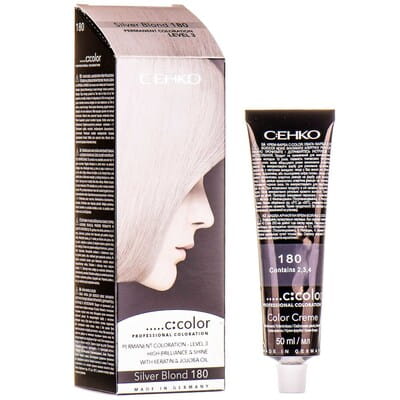 Крем-краска для волос C:EHKO (Цеко) C:COLOR цвет 180 серебристый блондин: крем-краска туба 60 мл + окислитель 60мл + бальзам для волос 10мл +перчатки