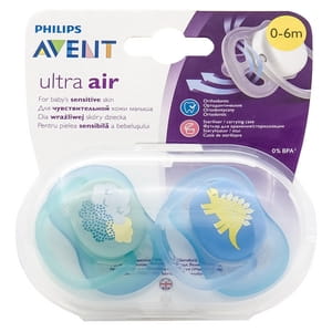 Пустушка силіконова ортодонтична AVENT (Авент) SCF 344/20 Ultra Air з декором для хлопчиків від 0 до 6 місяців 2 шт