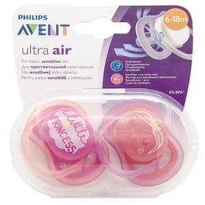 Пустышка силиконовая ортодонтическая AVENT (Авент) SCF 343/22 Ultra Air с декором для девочек от 6 до 18 месяцев 2 шт