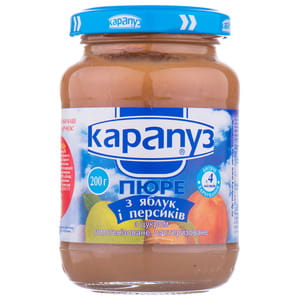 Пюре фруктовое детское КАРАПУЗ Яблоко и персик с сахаром с 4-х месяцев 200 г