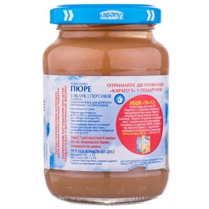 Пюре фруктовое детское КАРАПУЗ Яблоко и персик с сахаром с 4-х месяцев 200 г