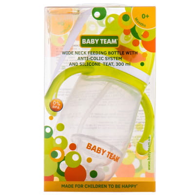 Пляшечка для годування дитяча BABY TEAM (Бебі Тім) артикул 1010 з широким горлом, антиколіковою системою та силіконовою соскою 300 мл