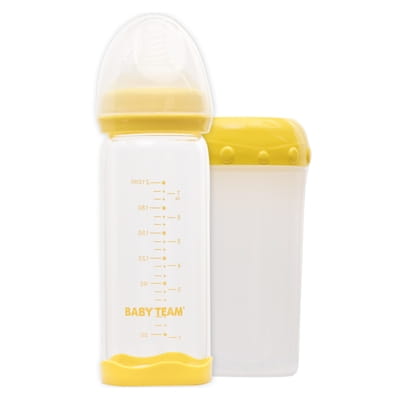 Бутылочка для кормления детская BABY TEAM (Беби Тим) артикул 1290 стеклянная с широким горлом, полипропиленовым чехлом и силиконовой соской 220 мл