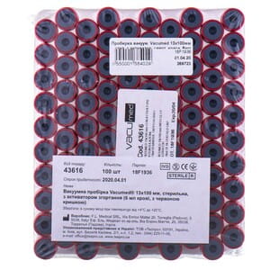 Пробирка вакуумная Vacumed 13 x 100 мм стерильная с активатором свертывания для 6 мл крови, с красной крышкой артикул 43616 100 шт