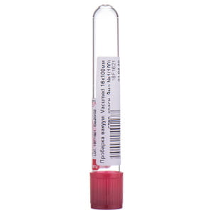 Пробирка вакуумная Vacumed 16 x 100 мм стерильная для 9 мл крови, с красной крышкой артикул 44909 100 шт