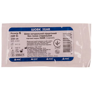 Шовк Ігар натуральний хірургічний шовній матеріал без голки стерильний розмір 6 (USP 3) довжина 150 см 1 шт
