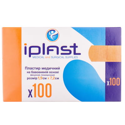 Пластир медичний Iplast (Ай Пласт) бактерицидний на бавовняній основі гіпоалергенний розмір 1,9 см x 7,2 см 100  шт