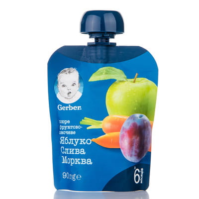 Пюре фруктовое детское NESTLE GERBER (Нестле Гербер) яблоко, слива и морковь с 6-ти месяцев мягкая упаковка 90 г