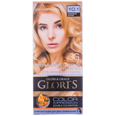 Крем-краска для волос GLORIS (Глорис) цвет 10.1 Бежевый блонд на 2 применения: крем-краска 25 мл + окислитель 25 мл + шампунь 15 мл + маска 15 мл