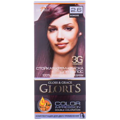 Крем-краска для волос GLORIS (Глорис) цвет 2.6 Божоле на 2 применения: крем-краска 25 мл + окислитель 25 мл + шампунь 15 мл + маска 15 мл