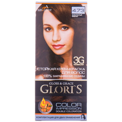 Крем-краска для волос GLORIS (Глорис) цвет 4.73 Золотистый каштан на 2 применения: крем-краска 25 мл + окислитель 25 мл + шампунь 15 мл + маска 15 мл