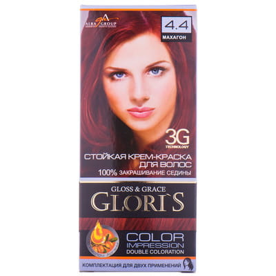 Крем-краска для волос GLORIS (Глорис) цвет 4.4 Махагон на 2 применения: крем-краска 25 мл + окислитель 25 мл + шампунь 15 мл + маска 15 мл