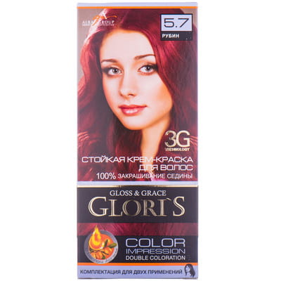 Крем-краска для волос GLORIS (Глорис) цвет 5.7 Рубин на 2 применения: крем-краска 25 мл + окислитель 25 мл + шампунь 15 мл + маска 15 мл
