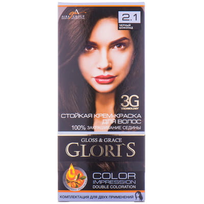 Крем-краска для волос GLORIS (Глорис) цвет 2.1 Черный шоколад на 2 применения: крем-краска 25 мл + окислитель 25 мл + шампунь 15 мл + маска 15 мл