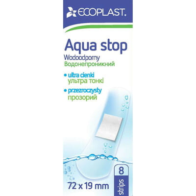 Пластырь медицинский Ecoplast (Экопласт) водонепроницаемый Аква стоп размер 72 мм х 19 мм в мини упаковке 8 шт