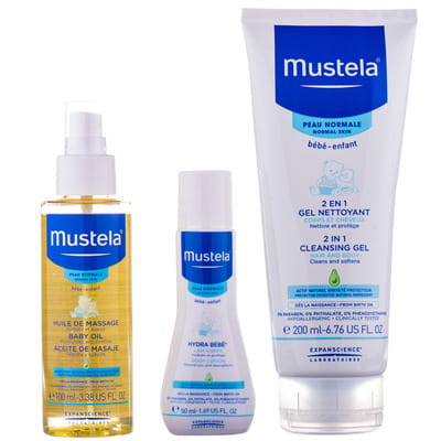 Набор MUSTELA (Мустела) Базовый уход: гель для волос и тела очищающий 200 мл + масло детское 100 мл + лосьон для тела увлажняющий 50 мл