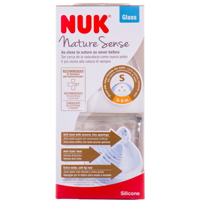 Бутылочка для кормления NUK (Нук) Nature Sense стекляная 120 мл с силиконовой соской для детей от 0 до 6 меяцев, для чая