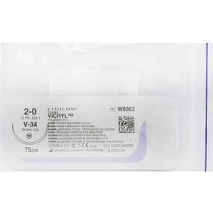 Шовний матеріал що розсмоктується Вікрил розмір USP 2/0, ріжуча голка 36 мм, 1/2 кола, довжина 75см артикул W9363