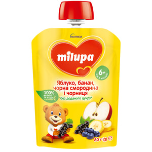 Пюре фруктовое детское Нутриция Milupa (Милупа) Яблоко, банан, черная смородина и черника с 6-ти месяцев 80 г