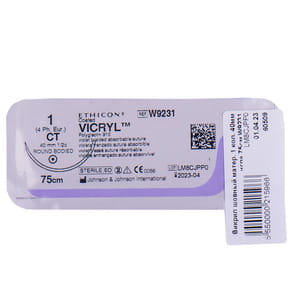 Шовний матеріал що розсмоктуэться Вікрил розмір USP 1, колюча голка 40 мм, 1/2 кола, довжина 75см артикул W9231