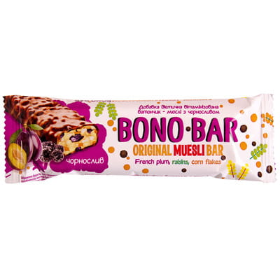 Батончик-мюслі BONO BAR (Боно бар) глазурований кондитерською глазур'ю з чорносливом 40 г