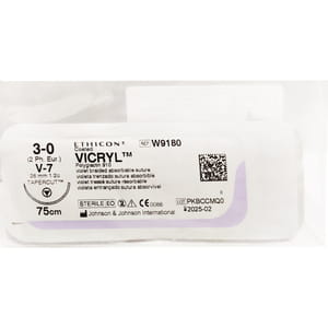 Шовний матеріал що розсмоктується Вікрил розмір USP 3/0, ріжуча голка 26 мм, 1/2 кола, довжина 75 см артикул W9180
