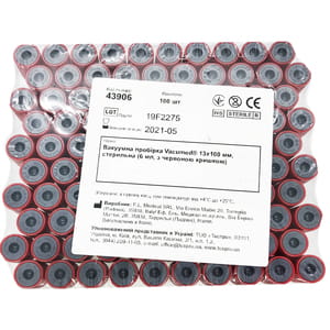 Пробирка вакуумная Vacumed 13 x 100 мм стерильная для 6 мл крови, с красной крышкой артикул 43906 100 шт