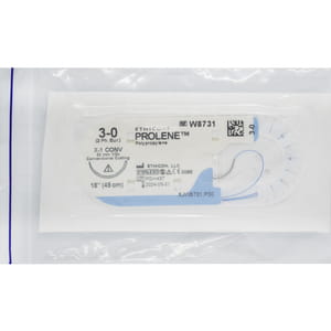 Шовний матеріал що не розсмоктується Prolene (Пролен) розмір USP 3-0, 2 ріжуча голка 22 мм, 1/2 кола, довжина 45 см артикул W8731
