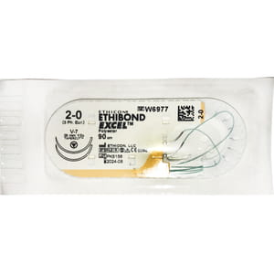 Шовний матеріал що не розсмоктується Ethibond Exce (Этибонд Эксель) розмір USP 2-0, 2 колюче-ріжучі голки 26 мм, 1/2 кола, довжина 90 см артикул W6977