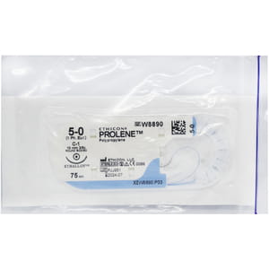 Шовний матеріал що нерозсмоктується Prolene (Пролен) розмір USP 5-0, колюча голка 13 мм, 3/8 кола, довжина 75 см артикул W8890