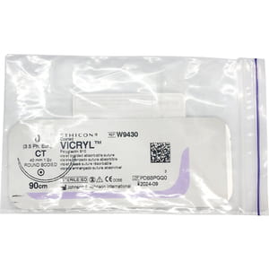 Шовний матеріал що розсмоктується Вікрил розмір USP 0, колюча голка 40 мм, 1/2 кола, довжина 90см артикул W9430