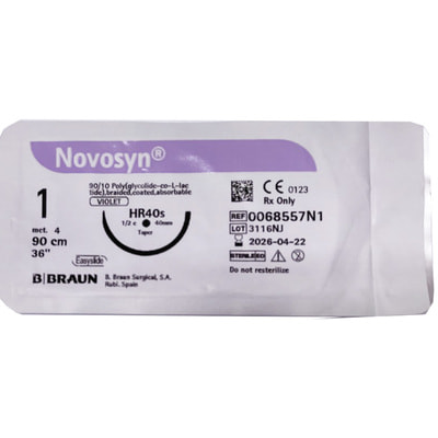 Шовный материал хирургический Novosyn (Новосин) (викрил) размер USP1 (4) длина 90 см, игла колющая 40 мм,1/2 круга, цвет фиолетовый артикул HR40s 1 шт