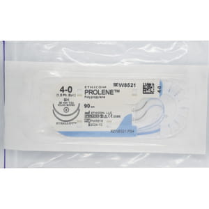 Шовний матеріал що не розсмоктується Prolene (Пролен) розмір USP 4-0, 2 колючі голки 26 мм, 1/2 кола, довжина 90 см артикул W8521