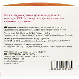 Маска медицинская защитная 3-х слойная с резиновыми заушниками детская с рисунком розовая 50 шт Волес